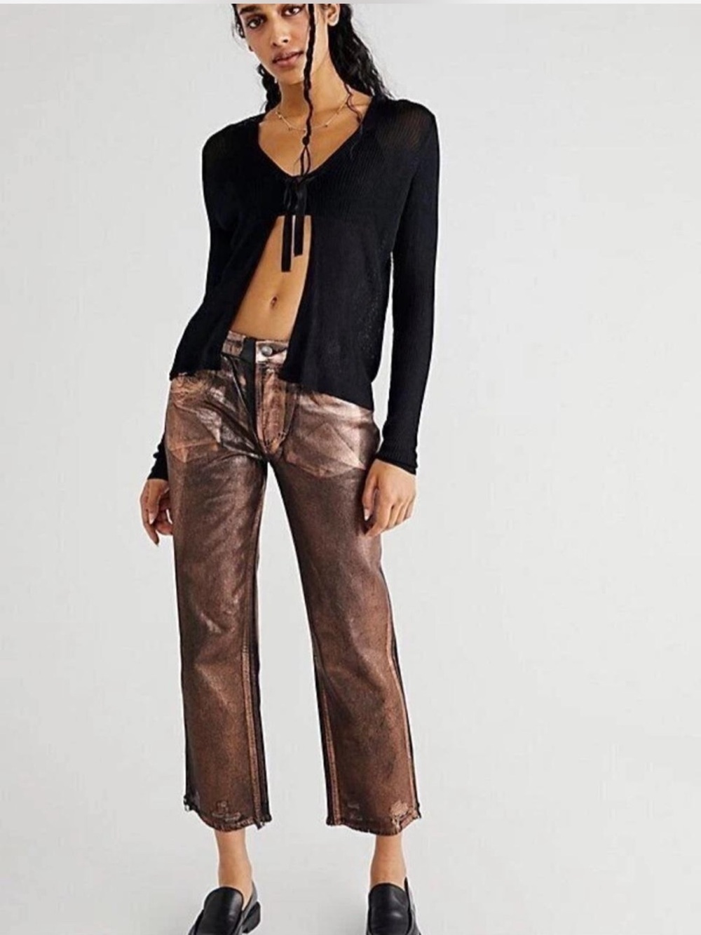Free People Maggie Metallic Coated Jeans Copper Bronze Raw Hem 25